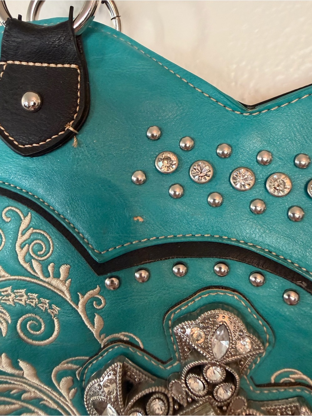 Turquoise Embroidered Shoulder Tote with Rhinestone Cross - Picture 3 of 7